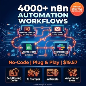 May include: A digital graphic displaying 4000+ n8n automation workflows with a flowchart connecting website triggers, email, database updates, and Slack messages. Includes text for no-code, plug and play, self-hosting guide, AI prompts, and scripts.