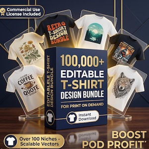 Può includere: Una scatola blu scuro con l'etichetta 100,000+ EDITABLE T-SHIRT DESIGN BUNDLE FOR PRINT ON DEMAND, circondata da sei magliette su supporti trasparenti con vari disegni grafici tra cui un lupo, caffè e illustrazioni floreali.