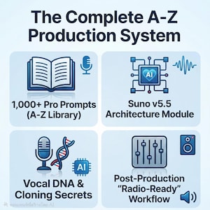 Puede incluir: La infograf&iacute;a The Complete A-Z Production System presenta cuatro secciones: 1,000+ Pro Prompts con un icono de libro, Suno v5.5 Architecture Module con un chip, Vocal DNA & Cloning Secrets con un micr&oacute;fono y ADN, y Post-Production Radio-Ready Workflow con un icono de mezclador.