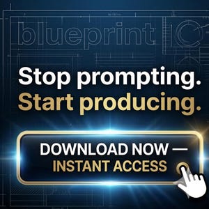Puede incluir: Un gr&aacute;fico azul oscuro con la palabra blueprint en la parte superior y el texto Stop prompting. Start producing. en blanco y dorado. Debajo hay un bot&oacute;n rectangular con el texto DOWNLOAD NOW &mdash; INSTANT ACCESS y un icono de cursor blanco.