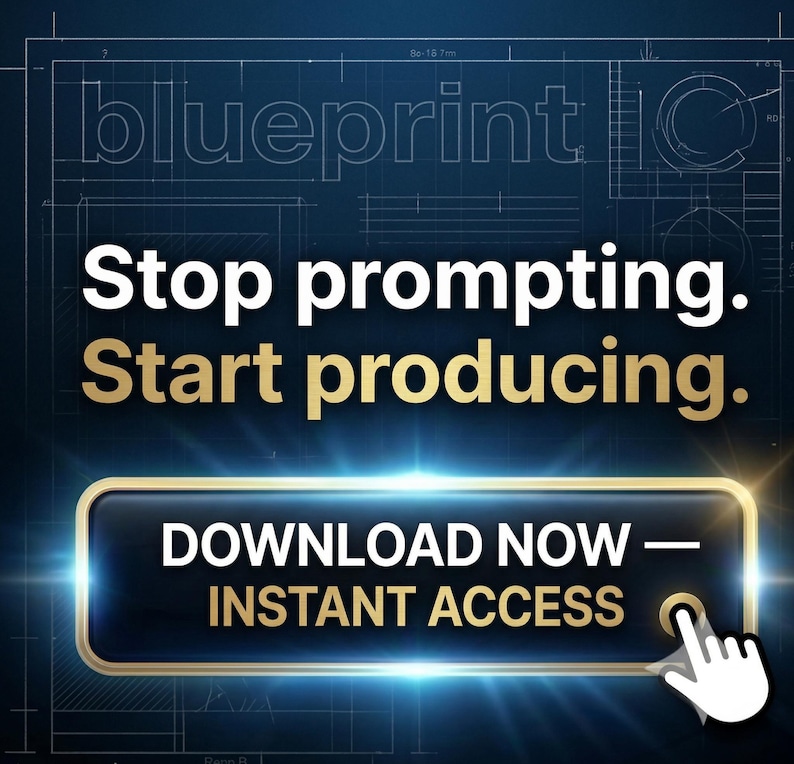 Puede incluir: Un gr&aacute;fico azul oscuro con la palabra blueprint en la parte superior y el texto Stop prompting. Start producing. en blanco y dorado. Debajo hay un bot&oacute;n rectangular con el texto DOWNLOAD NOW &mdash; INSTANT ACCESS y un icono de cursor blanco.