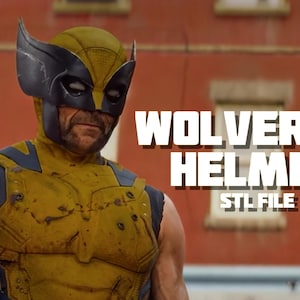 May include: A yellow and black Wolverine helmet with distinctive pointed ear sections, worn by a figure in a matching yellow and black suit. The text WOLVERINE HELMET STL FILE is displayed in bold white letters against a blurred red brick background.