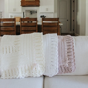 Antique Inspired, Hand Crocheted, Heirloom Quality, Cream, White, and Mauve Pink Baby Blanket With Satin Pink Ribbon