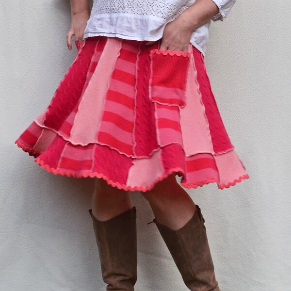 Upcycled Cashmere Sweater Skirt Aline Women's XL-XXL Pink & Coral Stripes Rick Rack Trim Holiday Candy Cane Pixie Eco Boho Jersey Knit OOAK