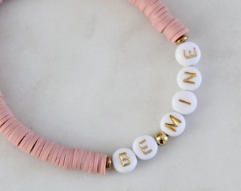 Polymer clay heishi stretch bracelet | Valentine's Day | Pink gold white | Beaded stacking bracelet | BE MINE