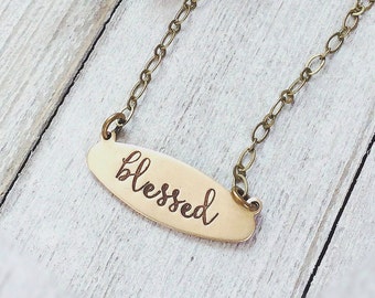 BLESSED Brass hand stamped oval necklace.  Layering necklace.  Simple Inspirational gift.