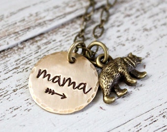 Mama Bear Necklace-  Antique brass- bronze charm necklace- Handstamped jewelry- New mom gift