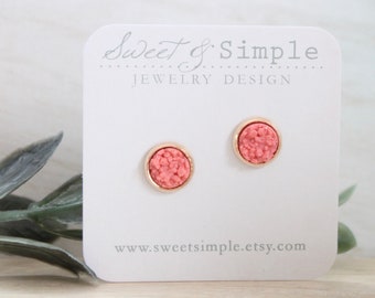 Druzy post earrings | Small druzy studs | Coral pink and gold