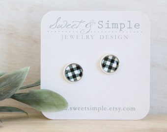 Buffalo plaid black and white post earrings | Glass cabochon dome | checkered studs | Silver