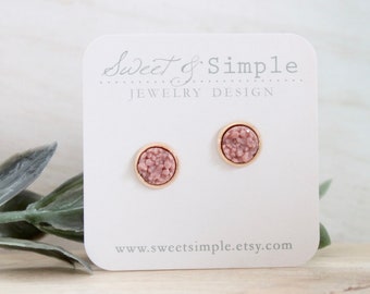 Druzy post earrings | Small druzy studs | Light mauve pink and gold