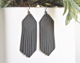 Genuine leather fringe earrings | Black tassel style | Simple | Boho