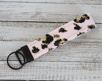 Fabric Key Fob | Black pink gold leopard print | Animal print | Keychain key ring | Wristlet for keys