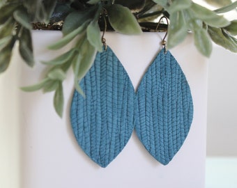 Genuine Leather Diamond Shape Earrings | Palm leaf pattern | Dark teal blue | Fall style | Suede