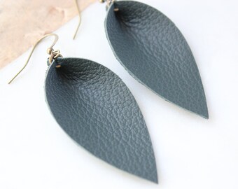Handmade genuine leather leaf earrings | Dark forest green color | Soft petal shaped earrings