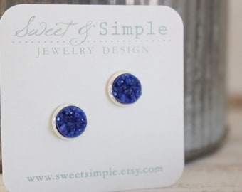 Druzy post earrings | Small stud druzys | Dark royal blue