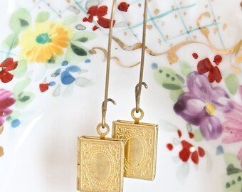 Tiny brass gold book locket earrings.  Vintage style long earrings.