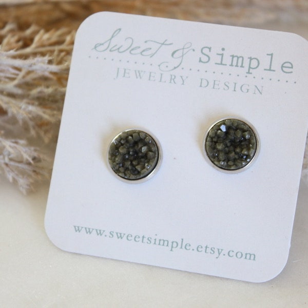 Olive green druzy post earrings | Earthy green color studs | Nickel free | Silver settings