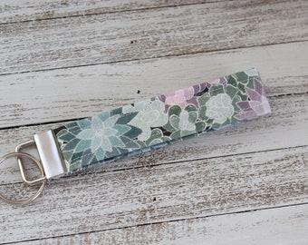 Fabric Key Fob Wristlet | Keychain | Succulent floral print