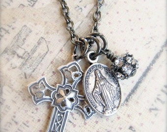 Dainty Religious Medal Necklace.  Antique silver and gunmetal vintage style. Miraculous medal cross rhinestones.