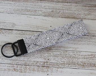 Fabric Key Fob Wristlet | Keychain | Black and white boho pattern