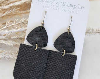 Black genuine leather earrings | Geometric shapes | Statement earrings