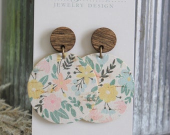 Pastel floral cork on genuine leather and wood post earrings | Boho circle earrings | Natural wood