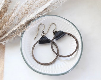 Rustic wood leather hoop earrings | Wood circle earrings | Lightweight | Black leather