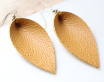 Handmade genuine leather leaf earrings | Mustard yellow color | Soft petal shaped earrings | Fall Style