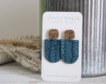 Teal blue braided genuine leather and wood post earrings | Boho U shaped earrings | Natural wood