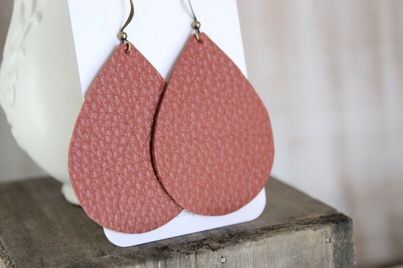 Dark burnt orange genuine leather earrings teardrop shape Soft pebbled leather Fall style image 3