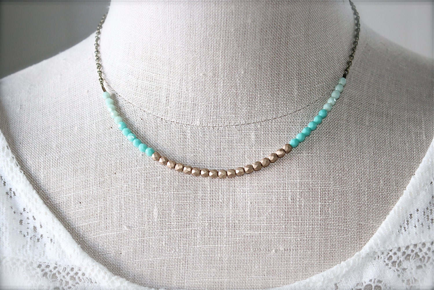Mint green turquoise and matte gold strand necklace. Czech | Etsy