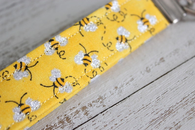 Fabric Key Fob Wristlet Keychain Honey bees print Bee pattern image 1