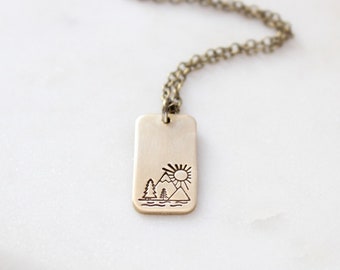 Antique brass stamped necklace | Mountain scene | Nature lover | Brass rectangle pendant