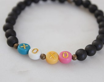 Colorful beaded Valentine's Day bracelet | XO XO | Hugs | Kisses | Stacking bracelets | Stretch