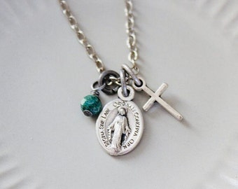 Antique silver tone Miraculous medal charm necklace | Catholic jewelry | Religious pendant necklace | Turquoise bead | Cross | Confirmation