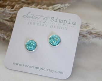 Turquoise druzy post earrings | Aqua sparkle color studs | Small posts | Nickel free | Silver settings