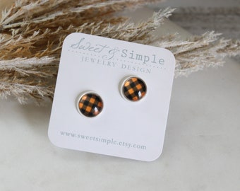 Glass dome Fall plaid studs | Post earrings | Orange and black posts | Halloween style