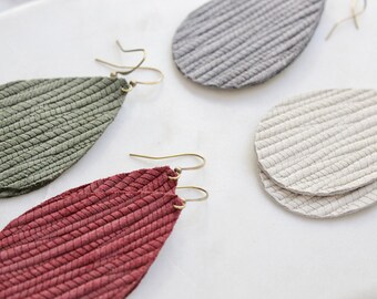 Genuine Leather Teardrop Earrings | Palm leaf pattern | Forest green, cream, gray, burgundy | Choose your color | Fall style