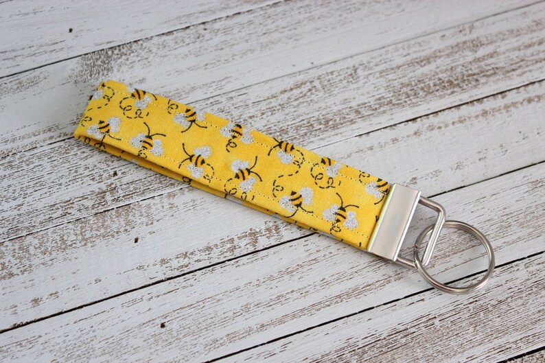 Fabric Key Fob Wristlet Keychain Honey bees print Bee pattern image 2