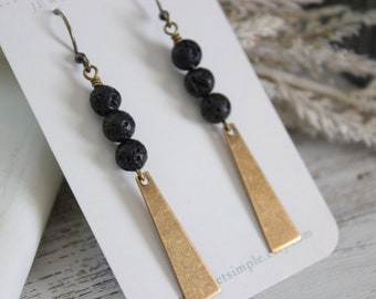 Essential oil diffuser lava stone earrings | Antiqued brass geometric drops | Black beaded earrings