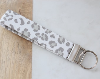 Fabric Key Fob Wristlet | Keychain | White and tan leopard print