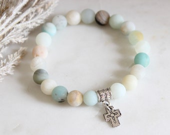 Mixed Amazonite gemstone bracelet | Beaded stretch bracelet | Healing relaxing stone bracelet | Matte Amazonite | Silver cross charm