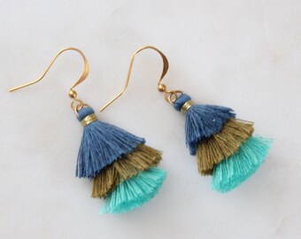 Small triple tassel earrings | Gold blue green aqua | Tassels | Cotton tassels | Boho earrings