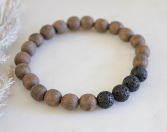 Natural gray wood beaded bracelet | Matte wooden beads | Essential oil diffuser jewelry | Aromatherapy bracelet | Lava stone