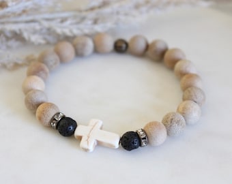 Natural Sandalwood beaded cross bracelet | Matte wooden beads | Essential oil diffuser jewelry | Aromatherapy bracelet | Lava stones