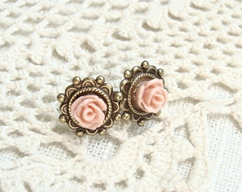 Coral Roses. Antique Brass Post Earrings.