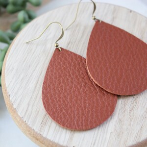 Dark burnt orange genuine leather earrings teardrop shape Soft pebbled leather Fall style image 1