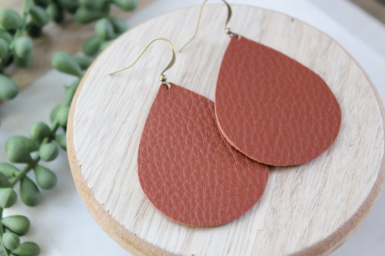 Dark burnt orange genuine leather earrings teardrop shape Soft pebbled leather Fall style image 1