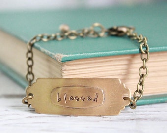 Blessed hand stamped soldered bracelet.  Brass bronze golden adjustable bar. Inspirational, faith, graduation, confirmation gift.