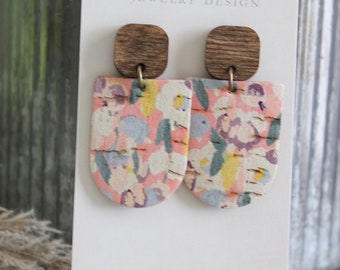 Pastel watercolor floral | Cork on genuine leather and wood post earrings | Natural wood | U shape